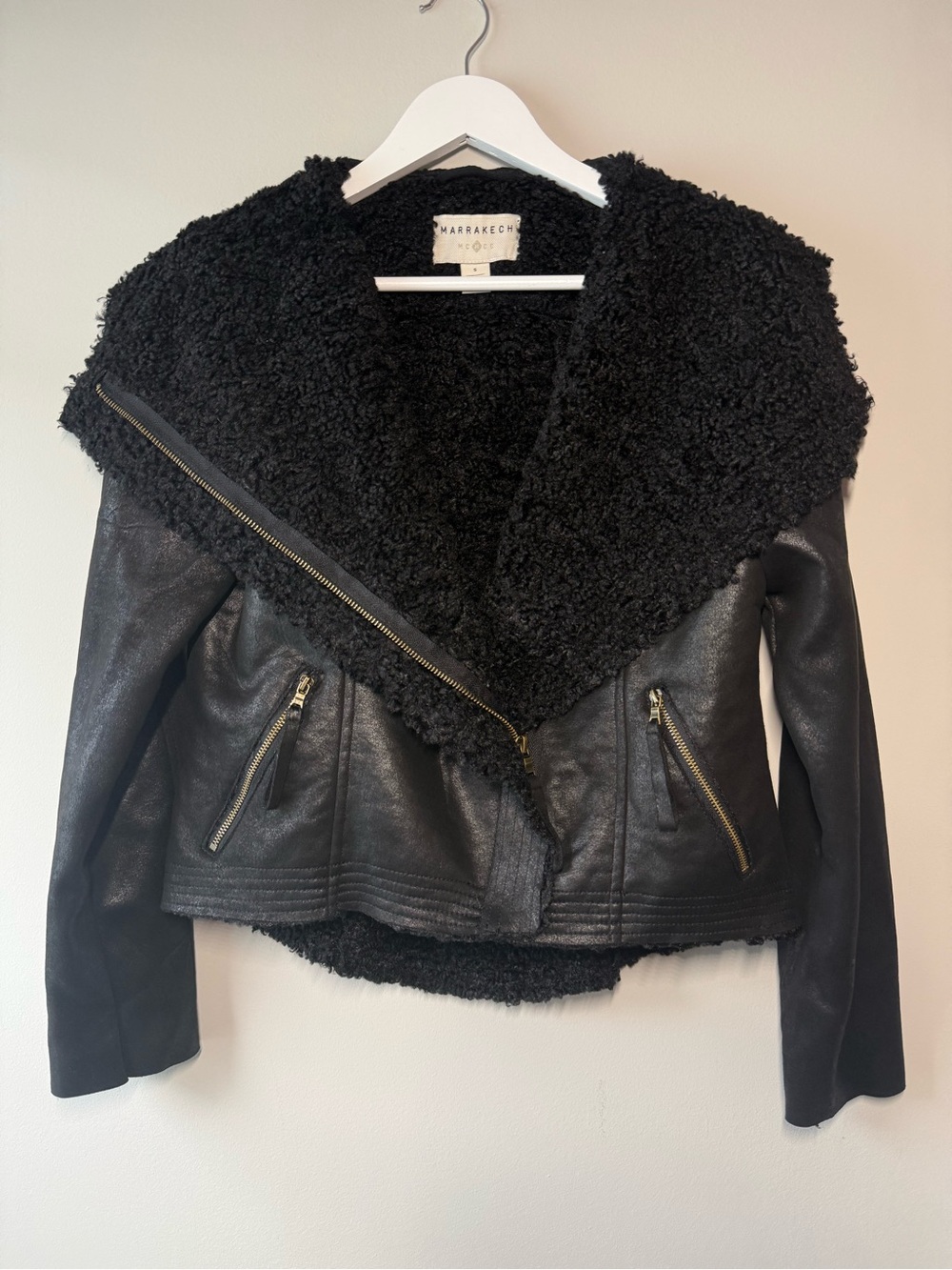 Anthropologie Marrakech Faux Shearling Moto Jacket Black Small